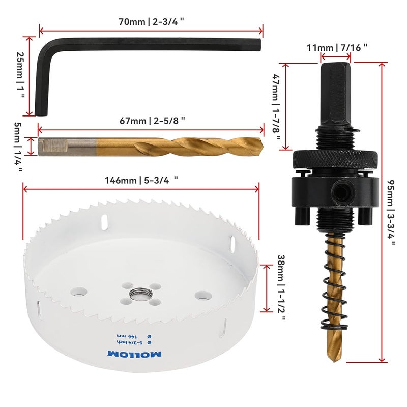Mollom (146mm | 5-3/4") HSS M42 with 8% Cobalt BI-Metal Hole Saw with 2 Pilot Drill Bits & Arbor Smooth Cutting for PVC,Drywall,Wood,Plastic,Gypsum Board,Rubber - Image 2